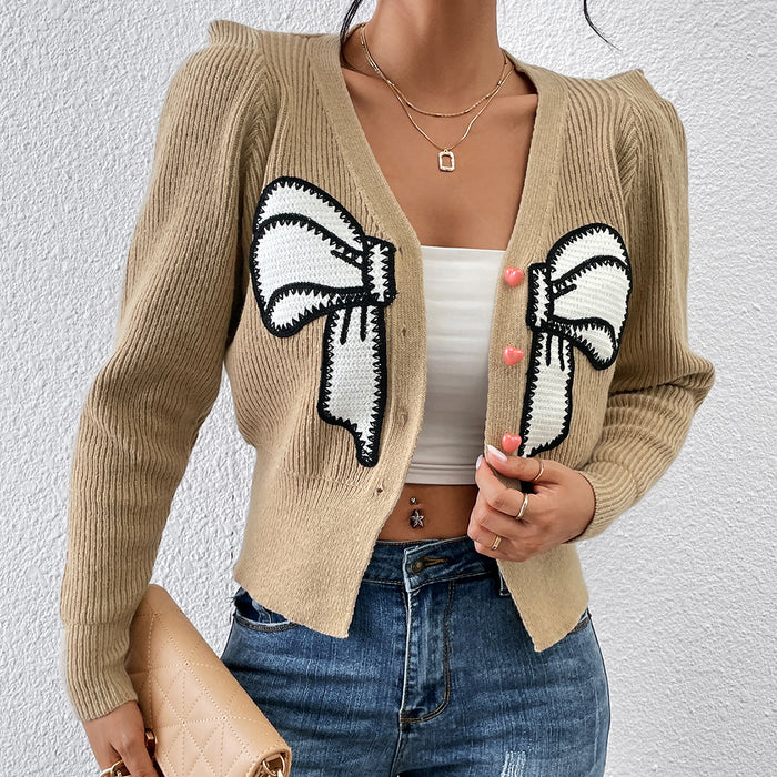 Autumn Winter Knitwear Collar Bow Cropped Cardigan Sweater Women