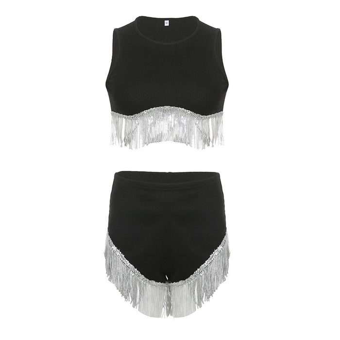 Stitching Chain Tassel round Neck Sleeveless Cropped Short Vest High Waist Short Shorts Sexy Sexy Two Piece Set