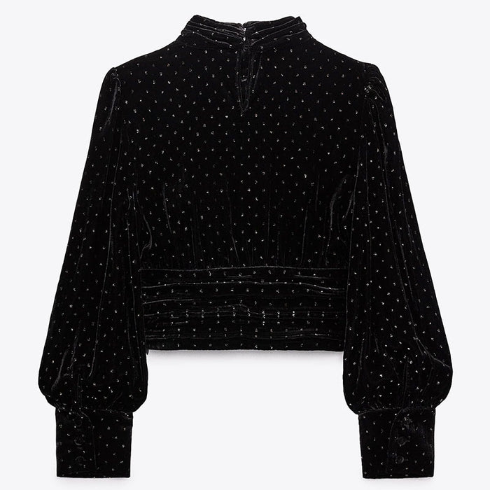 Autumn Winter Long Sleeve Black Bright Velvet Top Shirt