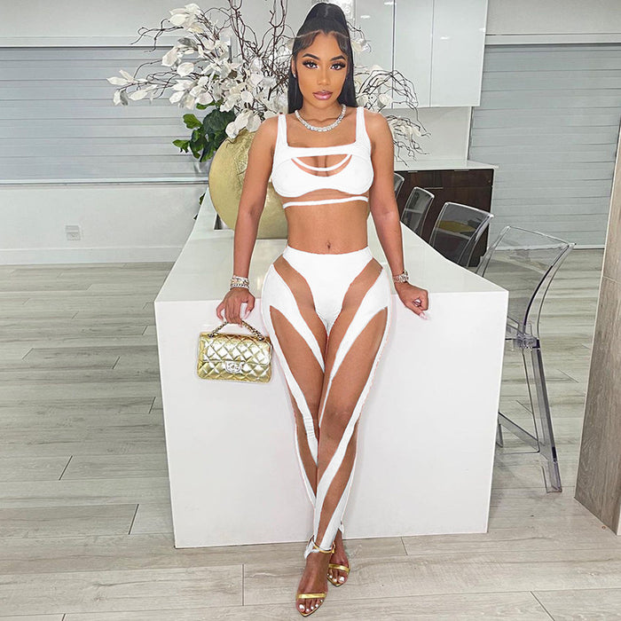 Summer Women  Clothing Sexy Cutout See through Mesh Patchwork Vest High Waist Casual Trousers Set