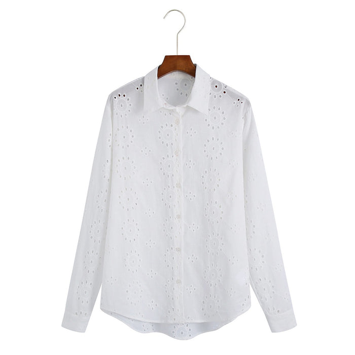 Spring Women White Long Sleeve Hollow Out Cutout Eyelet Embroidered Shirt