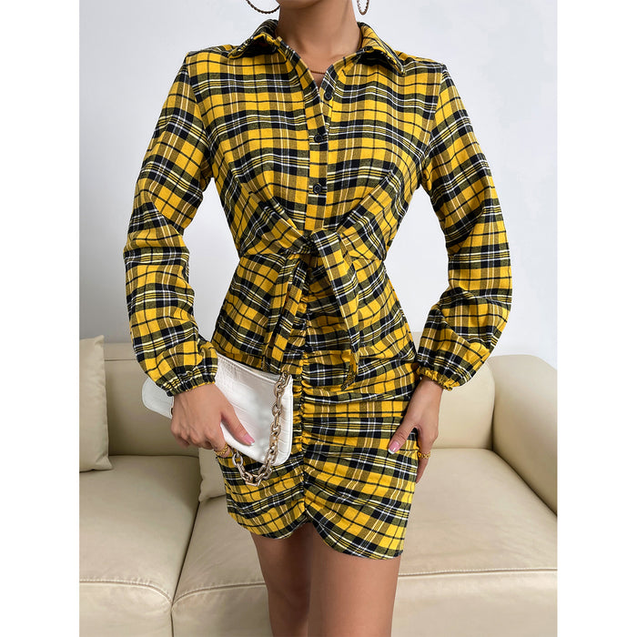 Dress Autumn Winter Plaid Sexy Hip Step by Step Collared Shirt Dress