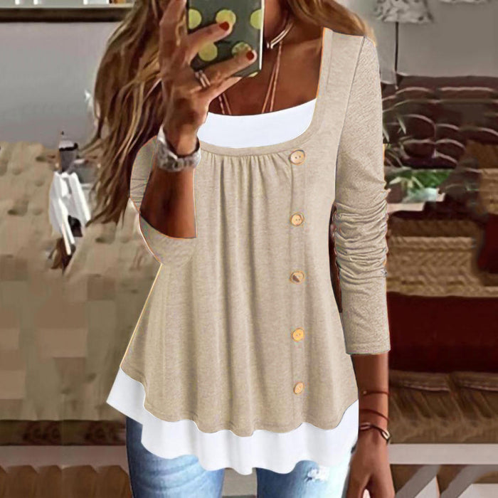 Women Casual round Neck Long Sleeve Pullover  Pleating Solid Color Buttons Women