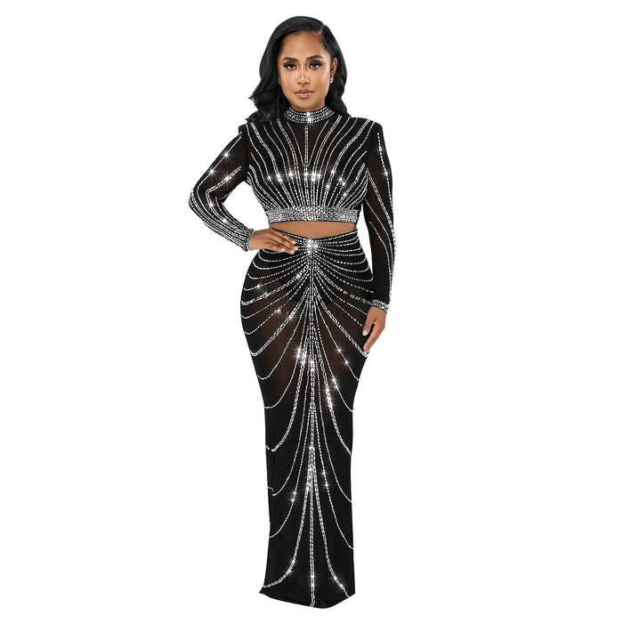 Women Wear Mesh Drilling See through Long Sleeve Dress Two Piece Set