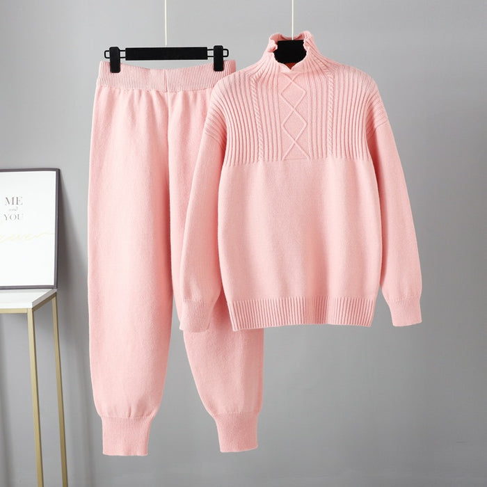 Half Turtleneck Casual Loose Sweater for Women Autumn Winter Gentle Soft Glutinous Knitted Trousers Suit for Women