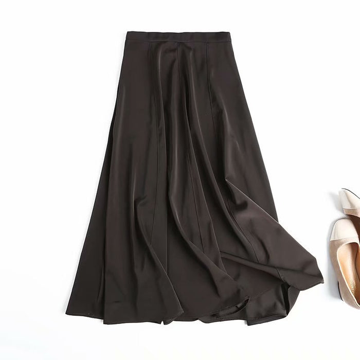 Spring Women Brown Satin Draping Simple Solid Color All-Matching Draping Skirt