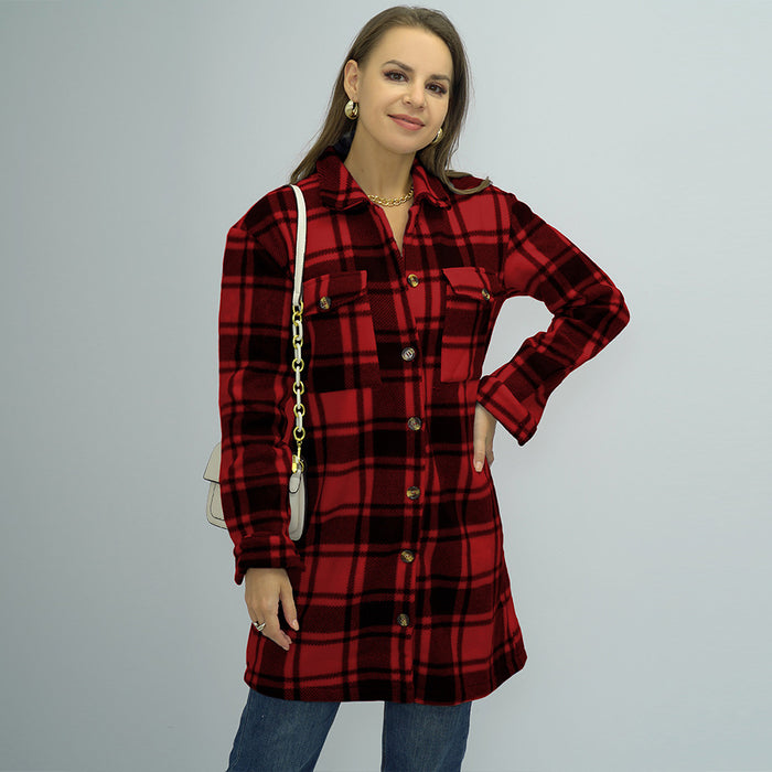 Autumn Winter Women Clothing Collar Plaid Long Women Plush Coat Top Women Shacket