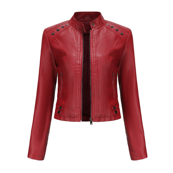 Women  Clothing New Rivets Leather Women Short Spring Autumn Jacket Long Sleeve Women Jacket Thin Stand Collar Fashion Jacket