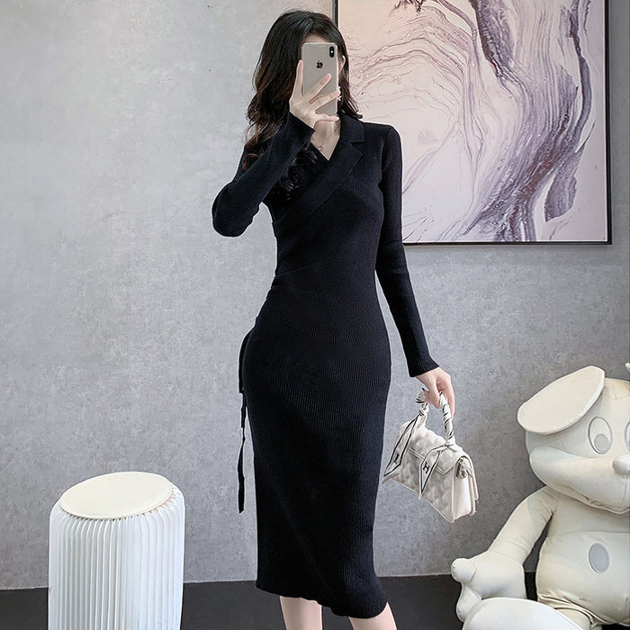 Elegant Collared Knitted Dress Autumn Winter Women Wear Waist Controlled Long Sleeves Sweater Dress