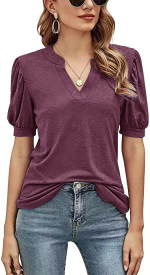 Top Summer Casual V-neck Solid Color Puff Sleeve Loose T-shirt for Women