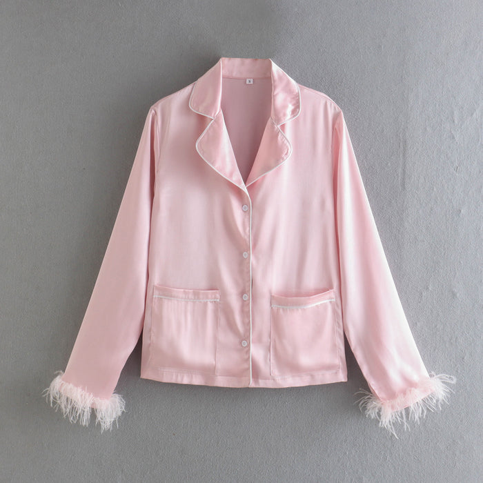 Spring Women Clothing Pink Long Sleeve Feather Decorative Shirt