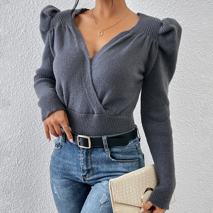 Autumn Winter Knitwear Collar Shrug Puff Sleeve Pullover Sweater for Women