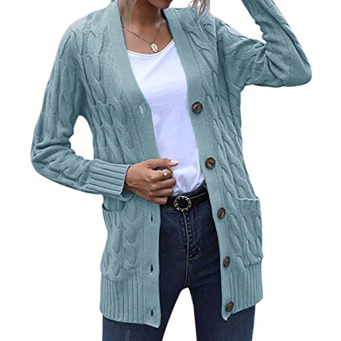 Autumn Winter Women Clothing Casual Cardigan Coat Solid Color Twist Button Cardigan Sweater Women