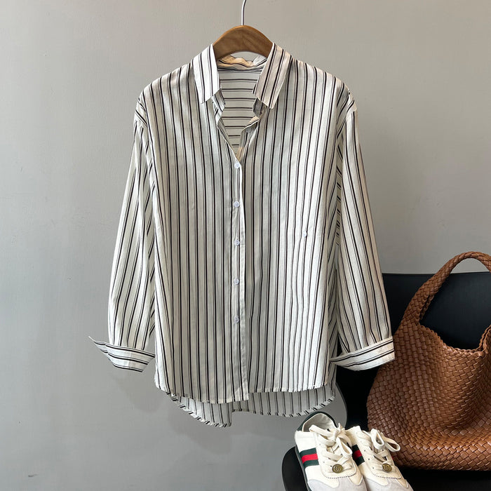 French Vertical Striped Shirt Women  Autumn Niche Long Sleeve Shirt