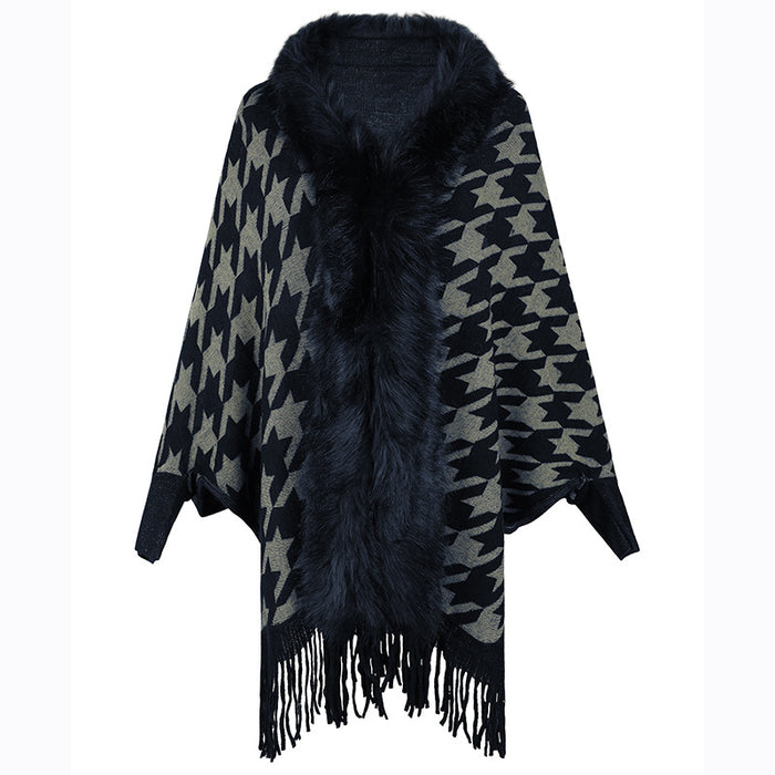 Tassel Cloak Autumn Winter Contrast Color Houndstooth Fur Collar Inverness Women