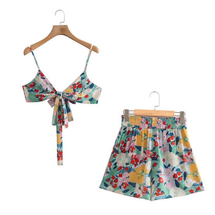 Bohemian Printed Overall Skirt Set Sexy Backless Two Piece Set Spring Summer Split Halterneck Vest