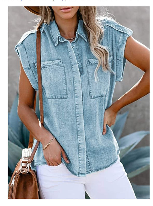 New  Sleeveless Denim Shirt Straight Pocket Loose  Top for Women