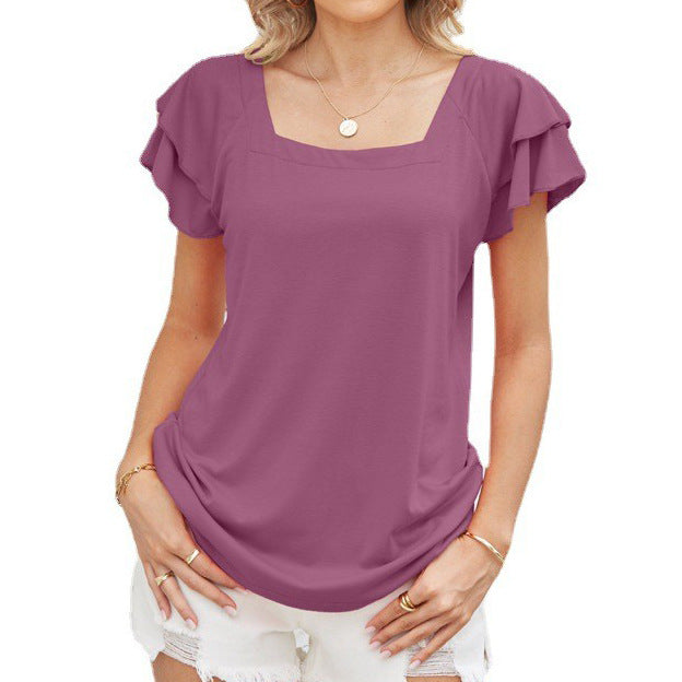 Summer Square Collar Ruffle Sleeve Petal Sleeve Short Sleeve Loose T Shirt Top Women