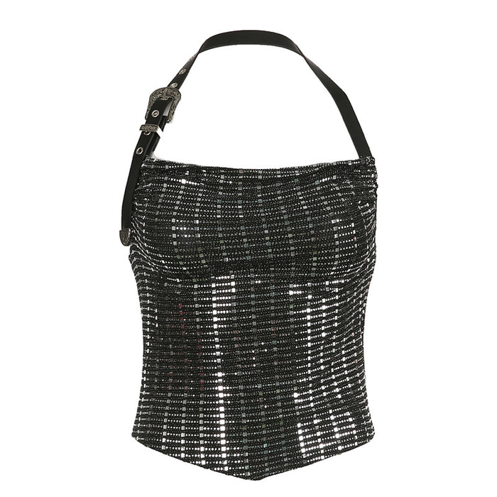 Dark Sequined Knitted Metal Belt Halter Vest Pure Sexy Sexy Slimming Tube Top Underwear