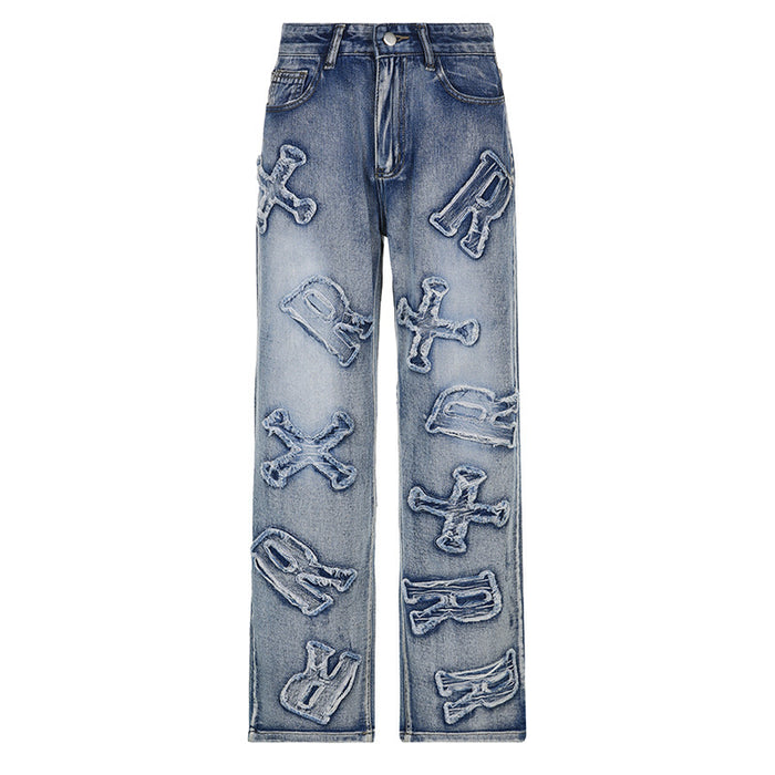 High Street Hip Hop Jeans Personalized Letter Graphic Patch Straight Loose Casual Trousers for Women