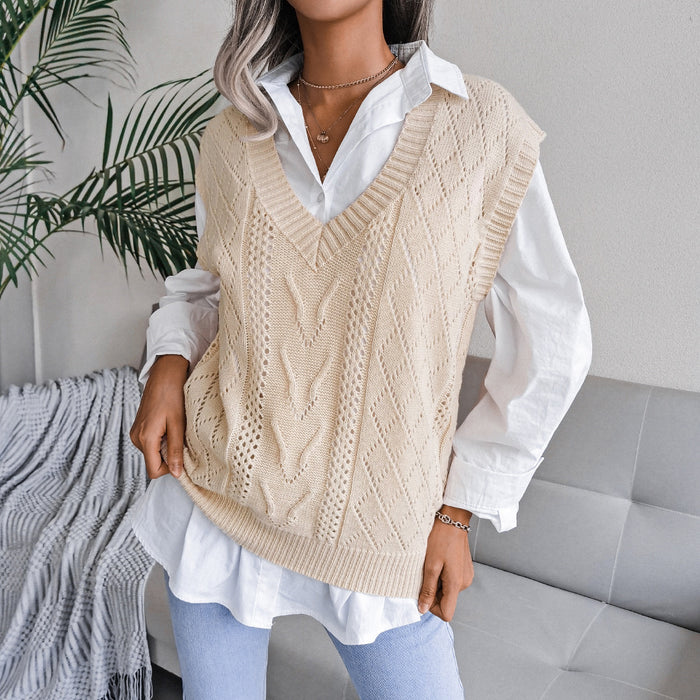 Autumn Winter Cutout Twist V neck Knitted Vest Sweater Women Clothing