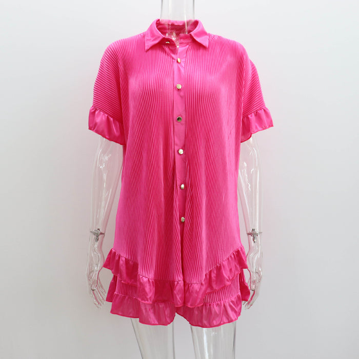 Shorts Short Sleeved Shirt Two Piece Women  Loose Pleated Wooden Ear Casual sets