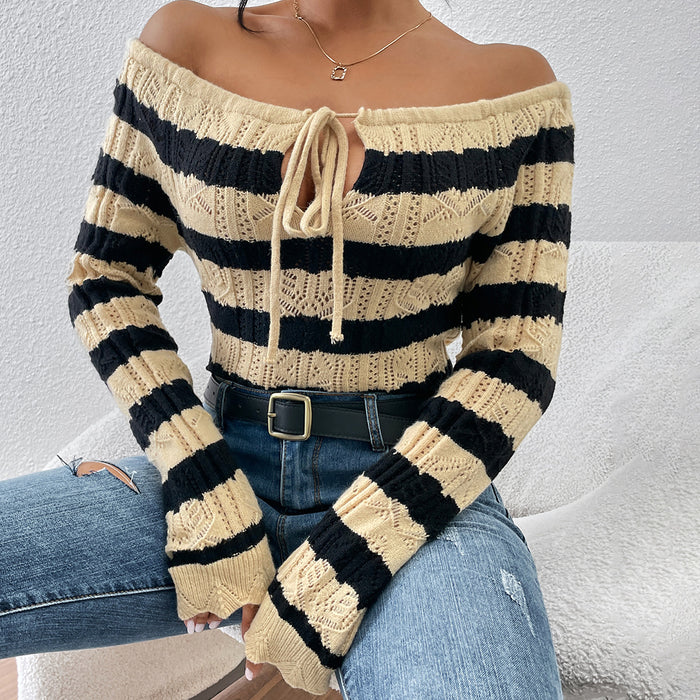 Autumn Winter Knitwear Off Neck Lace up Striped Pullover Sweater for Women