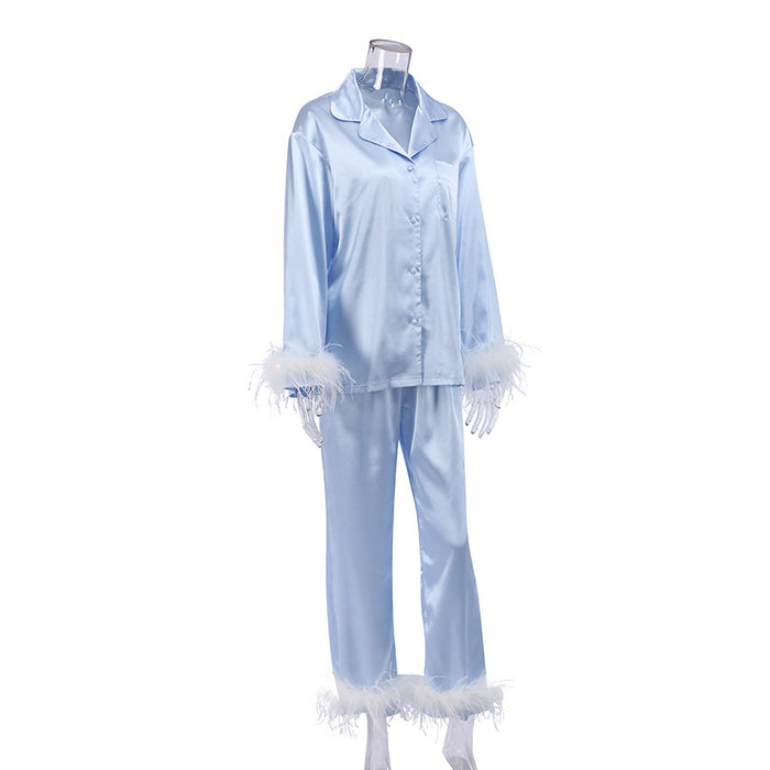 Autumn Winter  Fashion  Ostrich Feather Pajamas Set Artificial Silk Loose Ladies Homewear