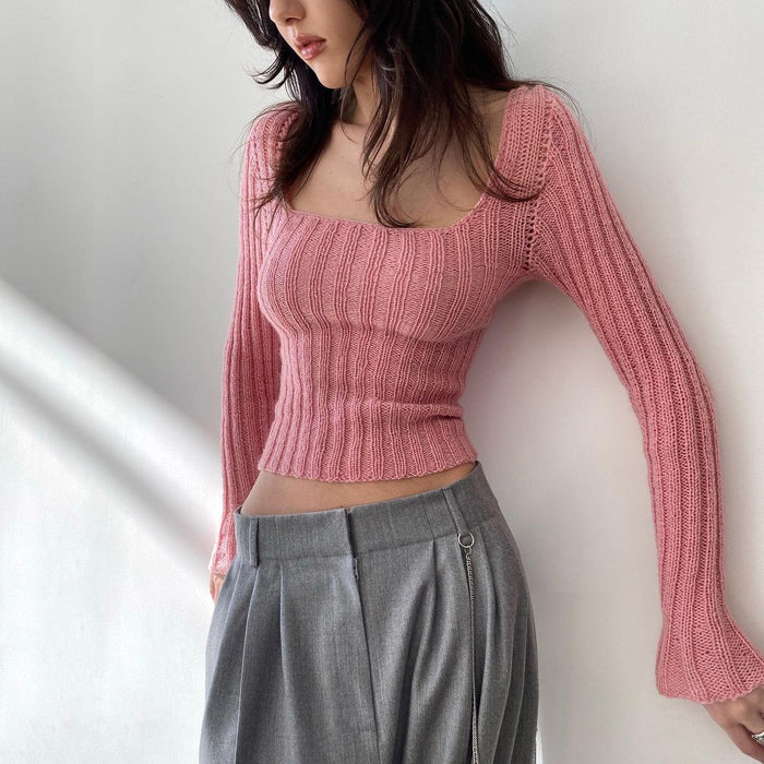 Low Cut Sexy Square Collar Woolen Short Top Women Autumn Sexy Niche Slim Fit Cropped Short Sweater Women