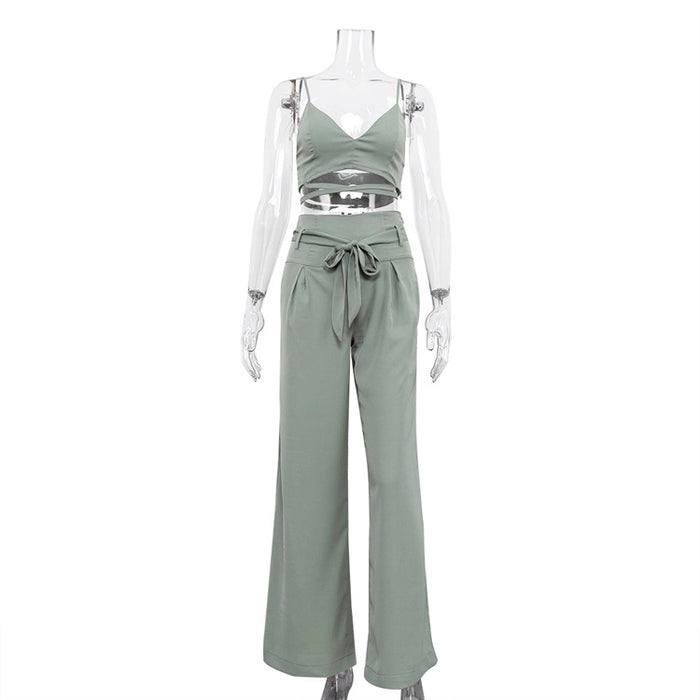 Summer Women Clothing Sexy Crop-Top Spaghetti-Strap Top Casual High Waist Wide Leg Pants Two-Piece Set for Women