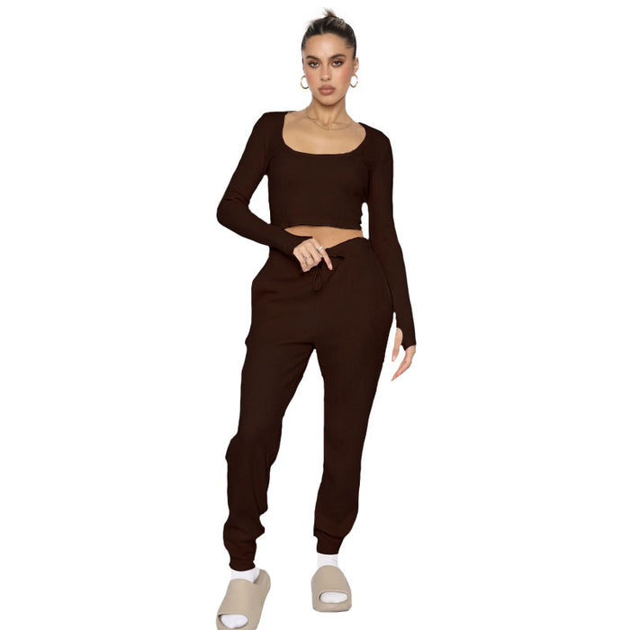 Autumn Winter U Collar Pullover Long Sleeved Women Two Piece Suit Casual Trousers