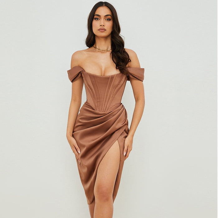 Women Clothing Sexy Bodycon Party Card Shoulder Tube Top Slim Fit Slit Solid Color Dress