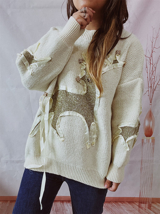 Autumn Winter Christmas Sweater Ribbon Gold Thread Jacquard Deer Round Neck Thickened Knitted Pullover