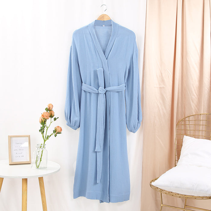 Early Spring French Solid Color Cardigan Nightgown Double Layer Gauze Full Cotton Casual Home Pajamas Women Cotton