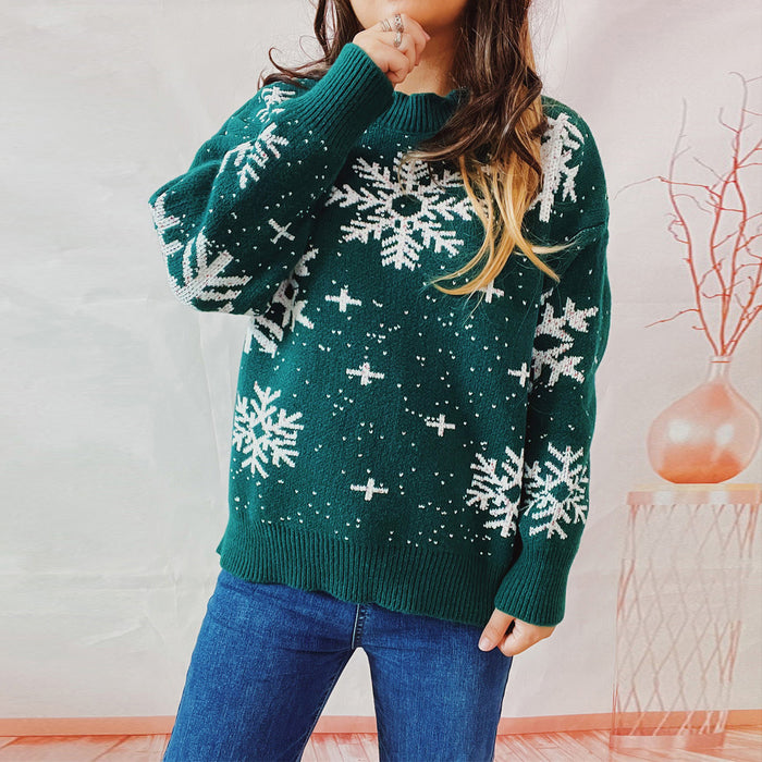 Autumn Winter Thickened Year Sweater Christmas Snowflake Round Neck Long Sleeve Knitted Pullover