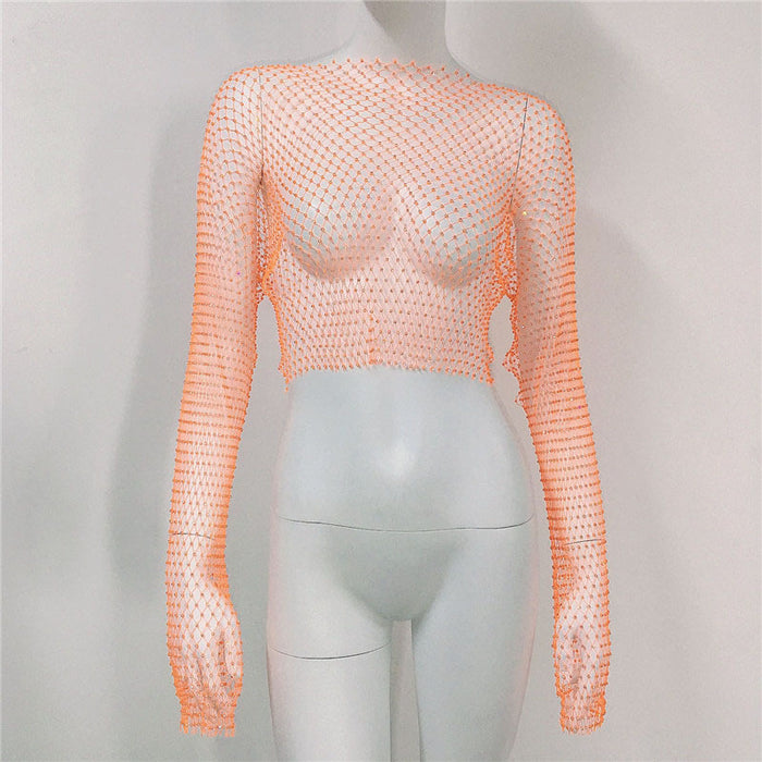 Fishnet T shirt Mesh Rhinestone Long Sleeved Top Sexy Rhinestone Fishnet Clothes Women