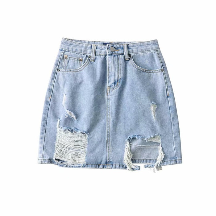 Summer High Waist Worn Raw Hem Ripped Half-Length Denim Short Skirt Women Clothing