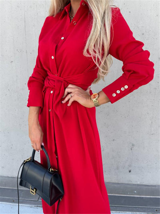 Women Autumn Winter Maxi Dress Solid Color Cardigan Long Sleeve Big Hem Dress