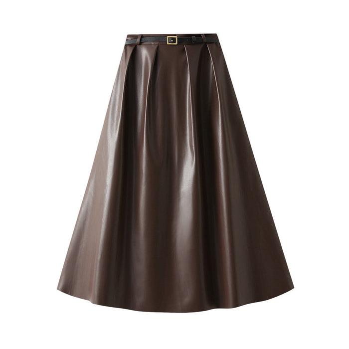 Retro Hong Kong Simple Graceful Faux Leather Skirt for Women High Waist Loose A line Big Hem Dress