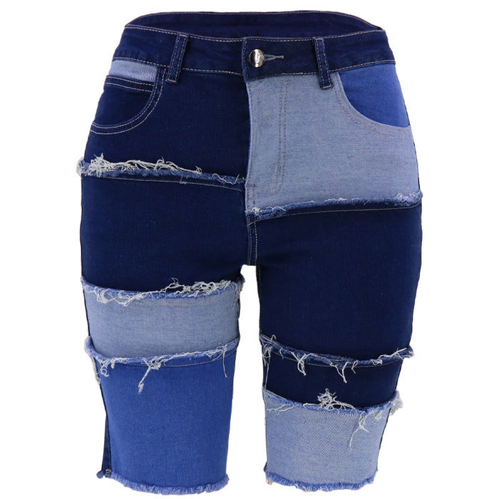 Fashion Five-Point Denim Women Pants New High Elastic Hip Lifting Patchwork Pants Popular