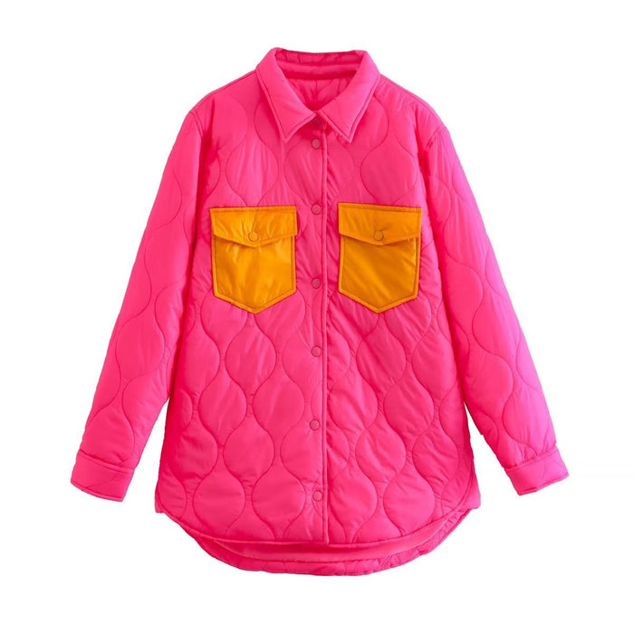 Autumn Women Loose Contrast Color Quilted Shirt Cotton Coat Jacket