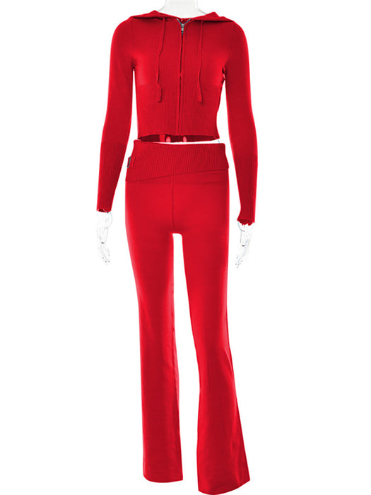 Knitted Hooded Women Sexy High Waist Long Sleeved Trousers Two Piece Set