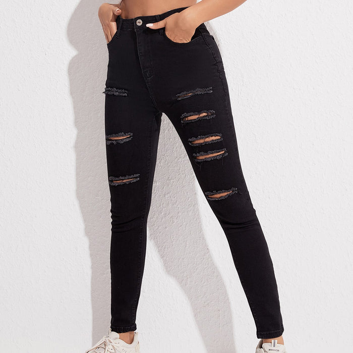 Summer Jeans Women Black Stretch Slim Ripped Ankle-Tied Pencil Pants