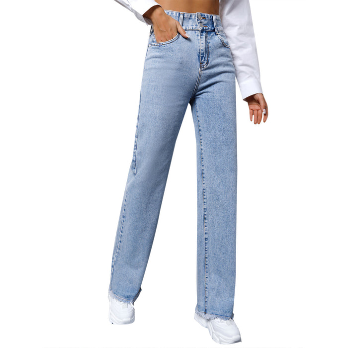 Women Clothing Trend Straight Light Color All Matching High Waist Casual Denim Trousers