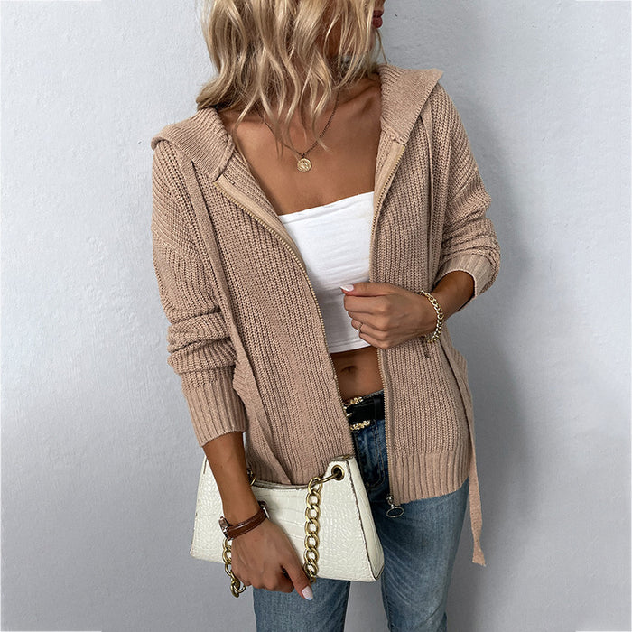 Solid Color Hooded Zipper Knitwear Autumn Winter Drawstring Pocket Sweater Women Cardigan Coat