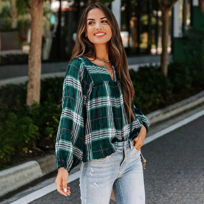 Autumn Women Clothing Plaid Printed Long Sleeve V neck Loose Casual Shirt