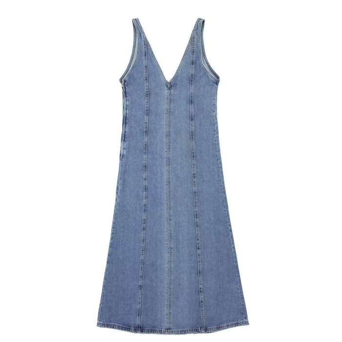 Summer Retro V neck Sleeveless Denim A  line Vest Dress Women Dress