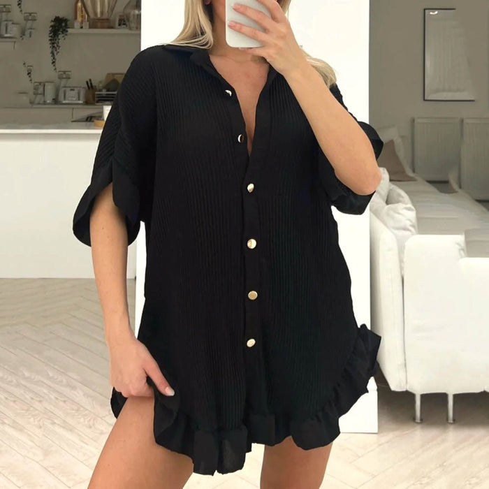 Shorts Short Sleeved Shirt Two Piece Women  Loose Pleated Wooden Ear Casual sets