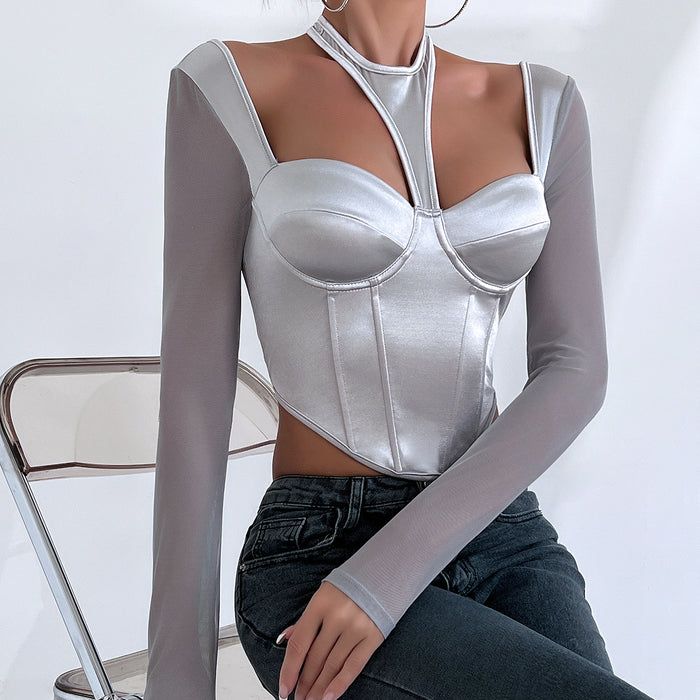 Street Sexy Low Cut Sexy See through Mesh Patchwork Halter Outerwear Long Sleeved Tops Women