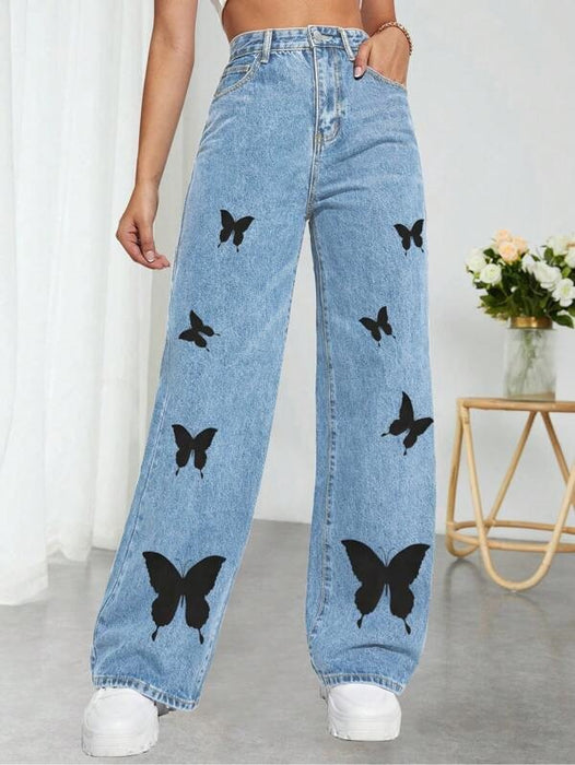 Butterfly Jeans Women High Waist Wash Trousers Personality All Matching Wide Leg Jeans